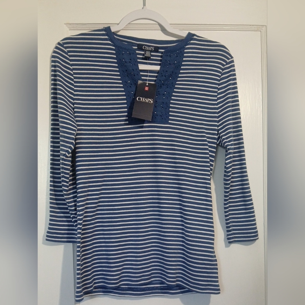 Chaps Women's Blue Striped Long Sleeve Top NWT